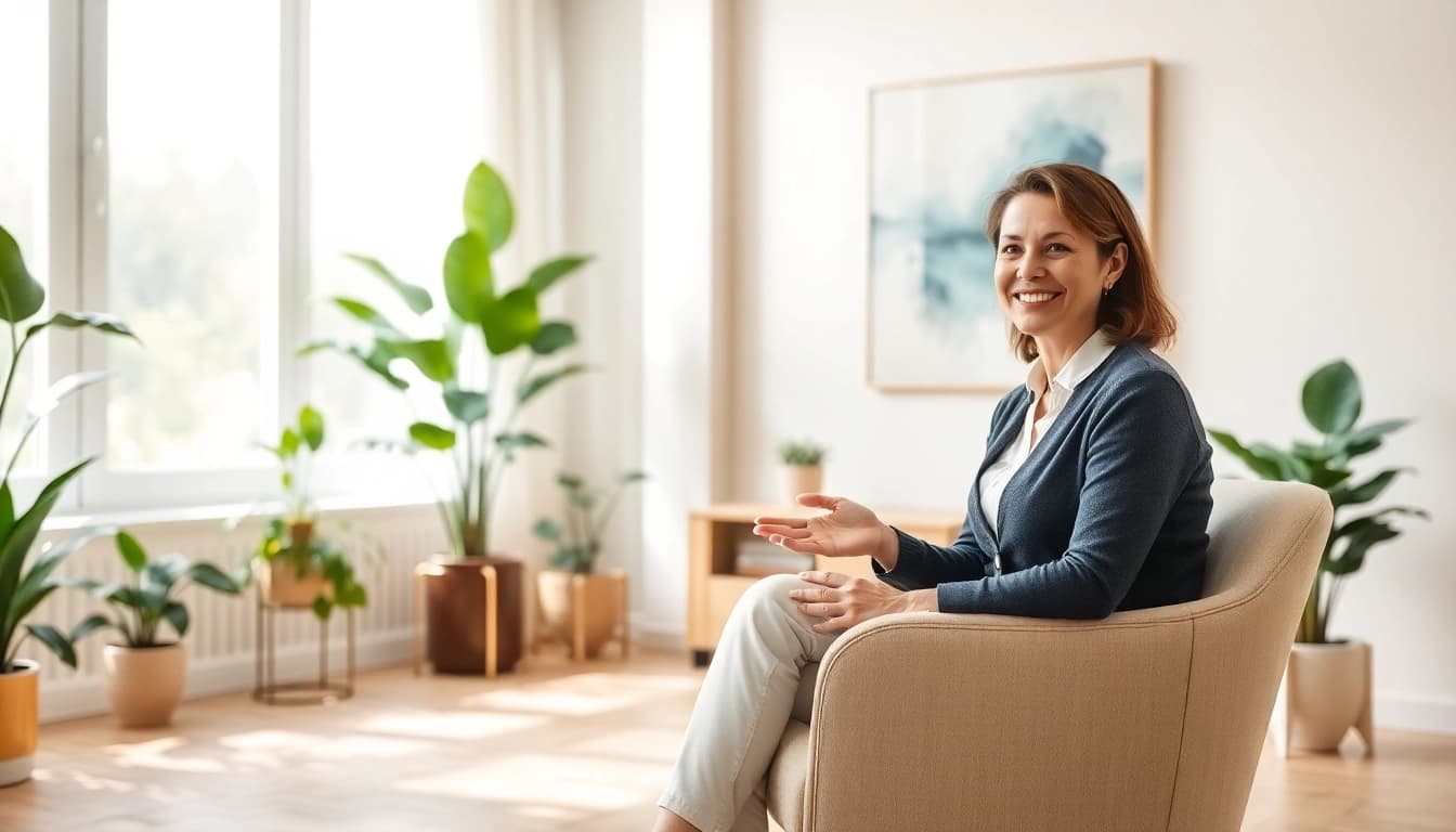 A therapist providing support for stress and anxiety in a calming office atmosphere.
