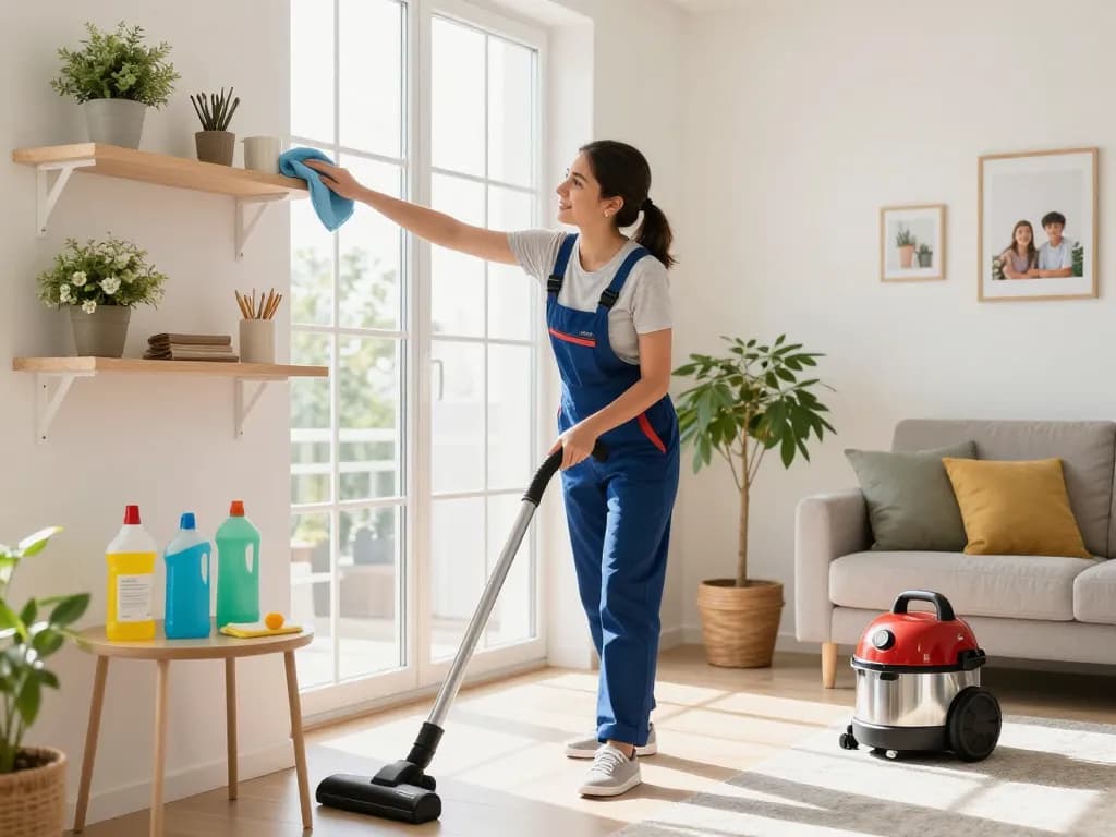 Professional cleaner at work in a bright living room, showcasing Pretty-Úklid's cleaning services.