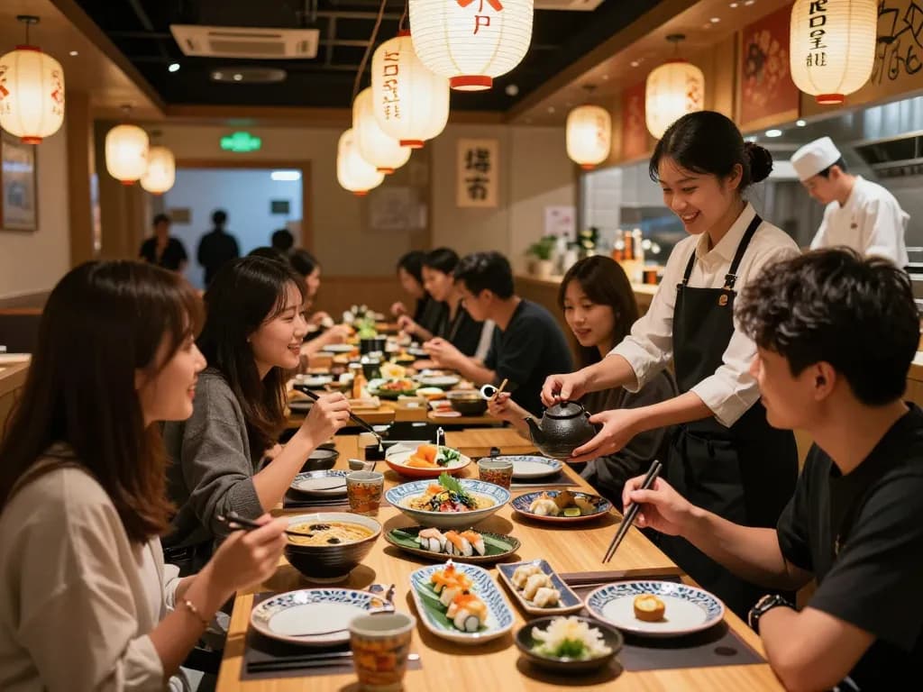Friends enjoying a delightful meal at RED88 restaurant with vibrant dishes and a warm atmosphere.