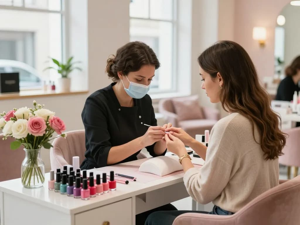 Nail technician providing a manicure service with colorful nail polish options in a chic beauty salon.