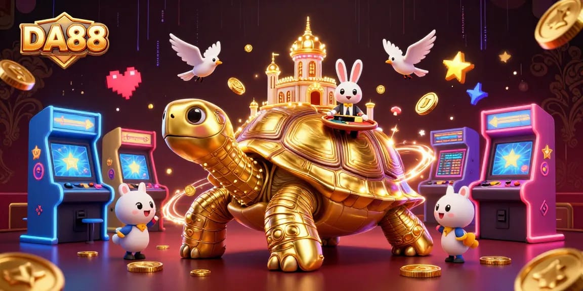 Engaging scene of DA88 featuring a golden tortoise casino, rabbit dealer, and birds with coins.