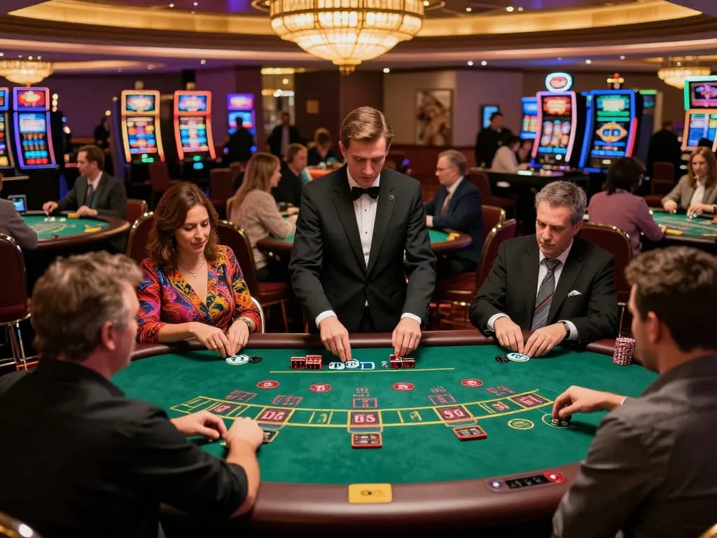 Players engaging in strategic blackjack gameplay at a casino table, showcasing excitement and du88 activities.