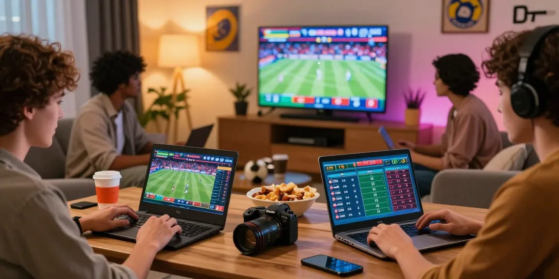Zahraniční sázkové kanceláře v příjemném domácím prostředí, lidé s notebooky a mobilem sledují sportovní sázení.
