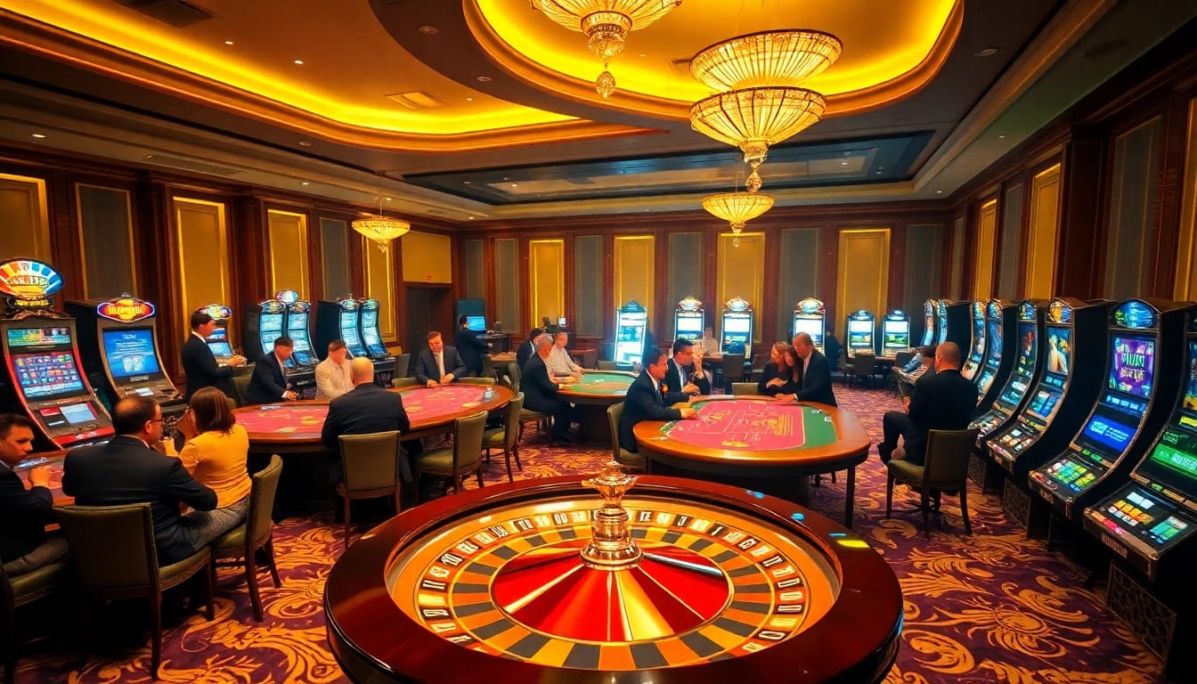 Engaging players in a vibrant 8XX casino setting, showcasing poker tables and roulette wheels.