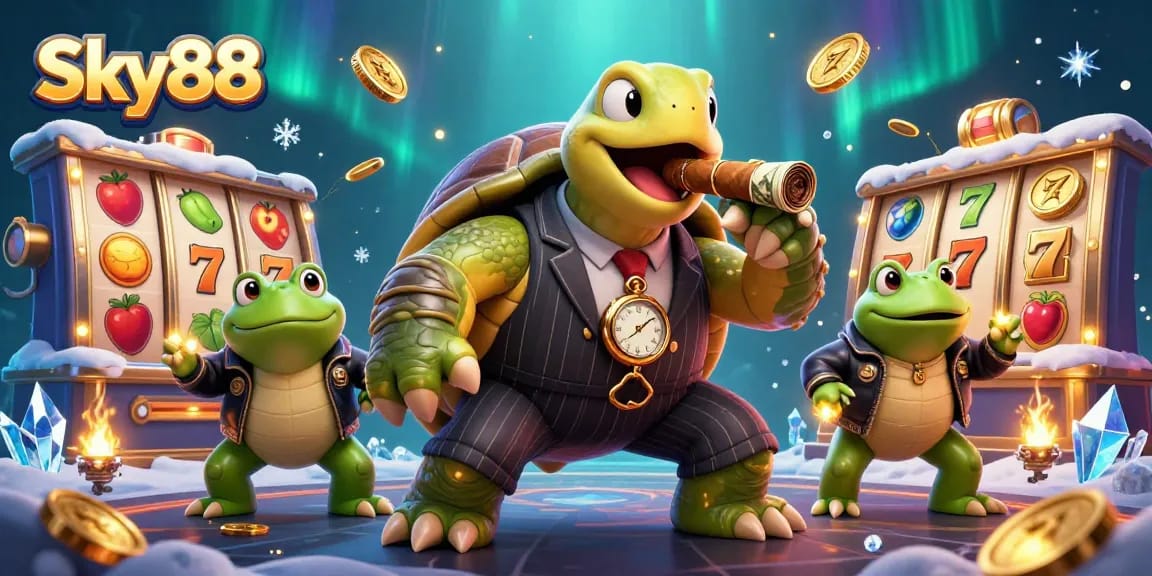 Engage with exciting slot games at Sky88 featuring a stunning turtle mobster and casino elements.
