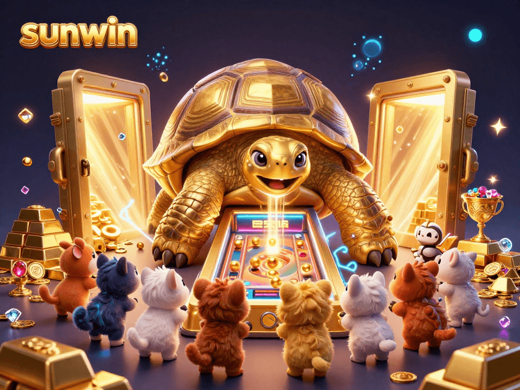 Experience the excitement of sunwin with a dynamic 3D depiction of a colossal tortoise pinball machine surrounded by treasures.