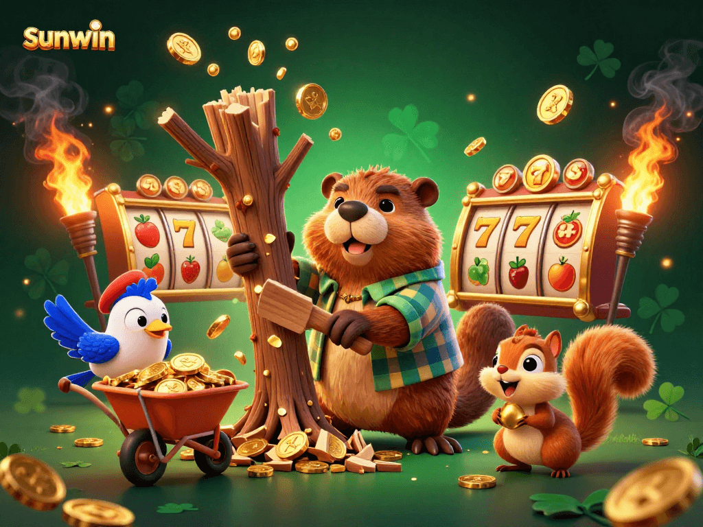 Experience fun at sunwin with a 3D cartoon beaver winning gold coins in this lively casino scene.