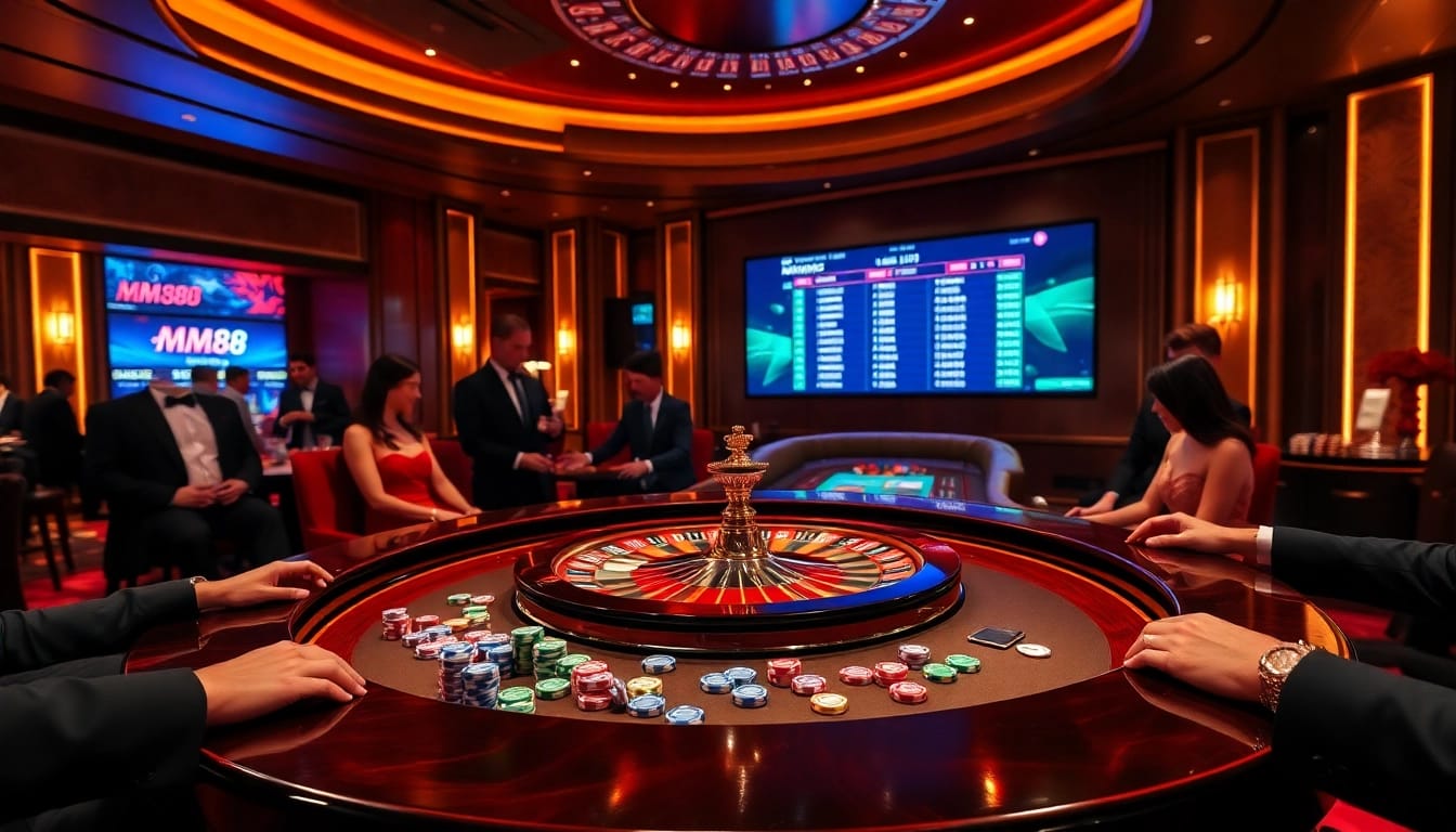 MM88 players placing bets at an elegant roulette table in a vibrant casino atmosphere.