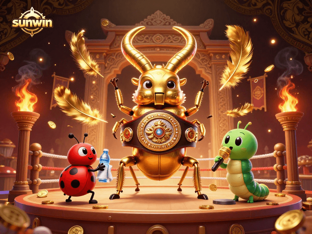 Experience the excitement of sunwin with a 3D illustration of a boxing beetle, ladybug coach, and caterpillar announcer