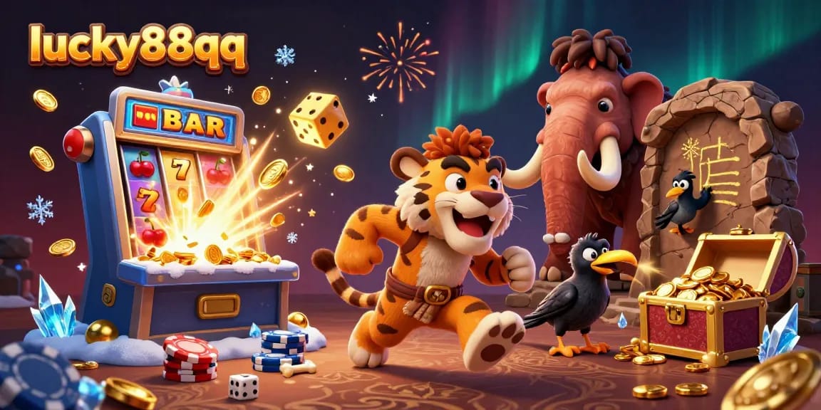 Engage with lucky88qq’s vibrant casino scene, showcasing thrilling slot machines and dynamic characters.