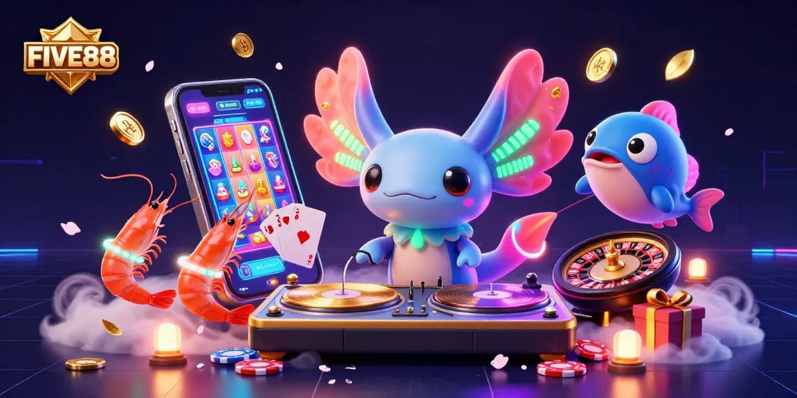Play exciting casino games at FIVE88 while enjoying a vibrant underwater DJ scene with illuminated sea creatures.