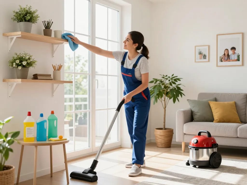 Professional cleaner at work in a bright living room, showcasing Pretty-Úklid's cleaning services.