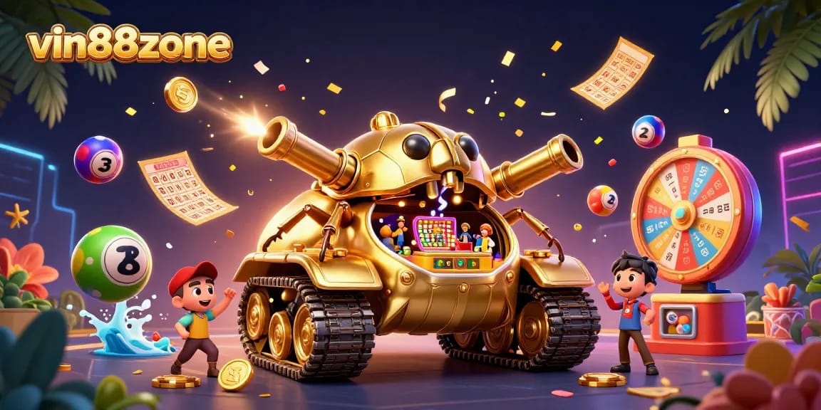 Experience the excitement of vin88zone with a dynamic casino-themed 3D illustration featuring a golden beetle tank.