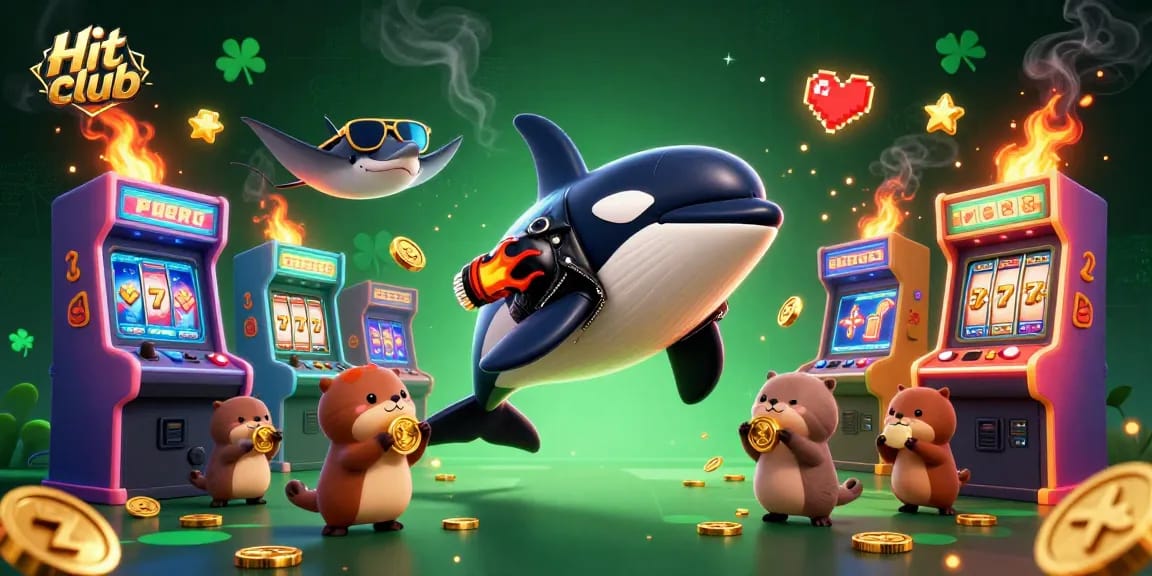 Experience excitement at Hit club with an orca and stingray amidst casino elements and gold coins.