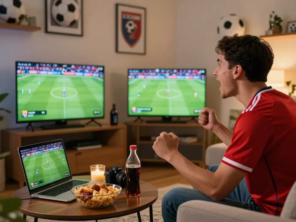 Excited soccer fan enjoying luong son tv live streaming in a cozy atmosphere.