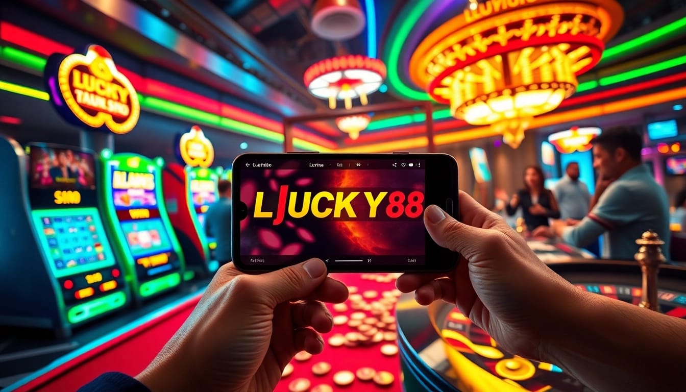 Play and win big with the LUCKY88 APP on mobile devices amid an exciting casino atmosphere.