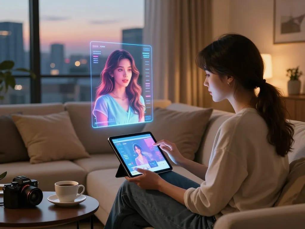 Engaging scene demonstrating a user interacting with their girlfriend AI in a cozy living room, showcasing emotional connection and companionship.