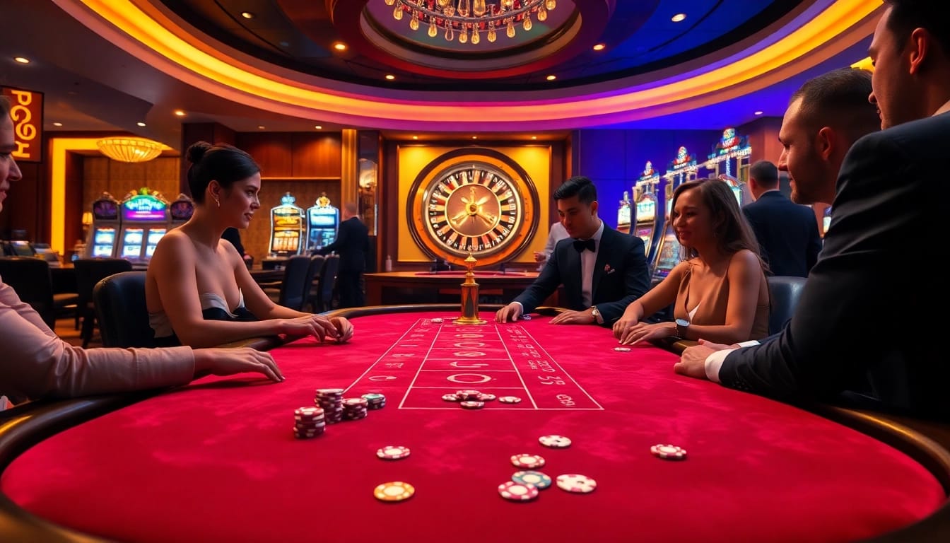 F168 poker game in a luxurious casino with vibrant poker chips and cards.