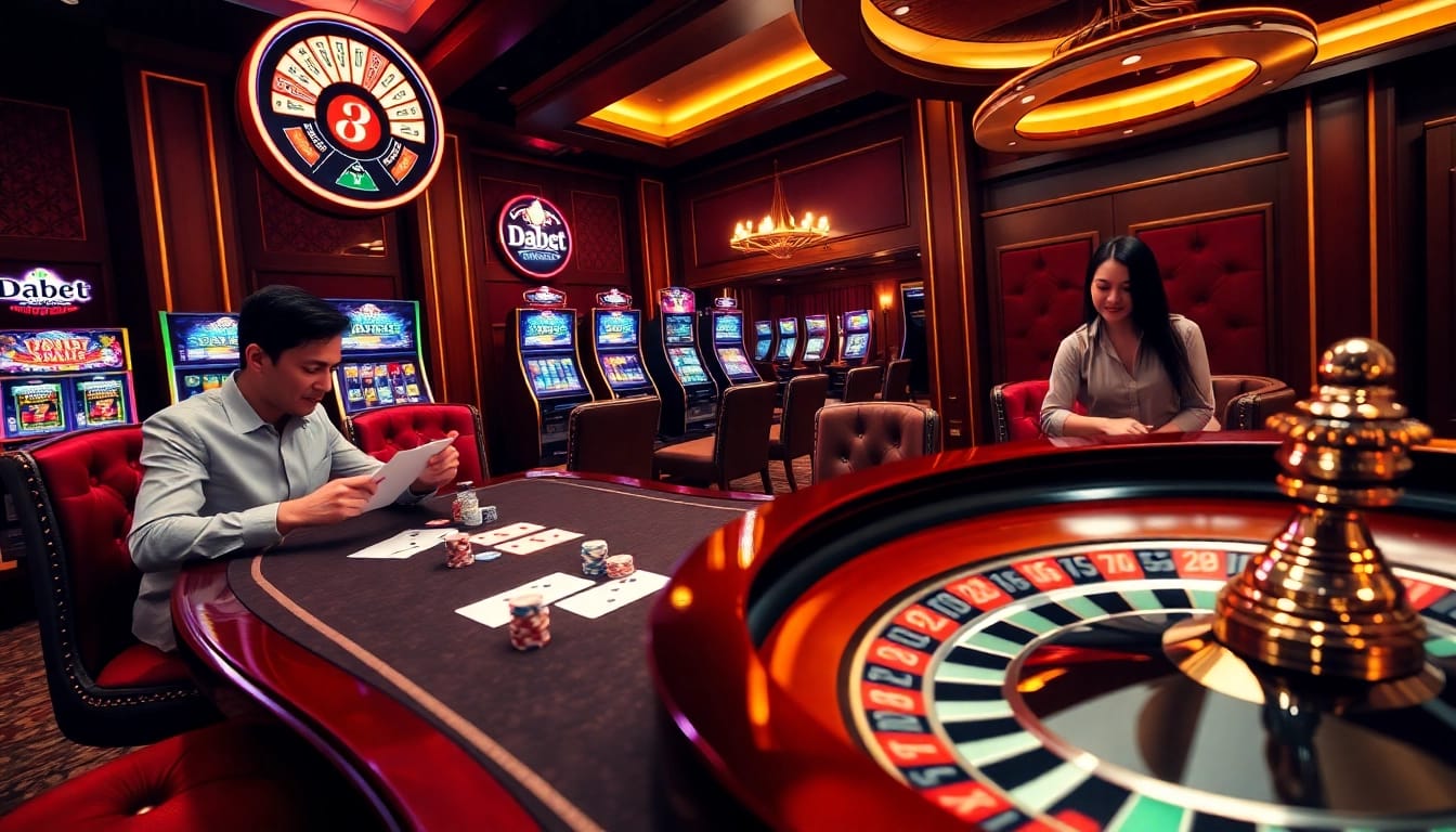 Dabet casino scene featuring players at a poker table and exciting slot machines.
