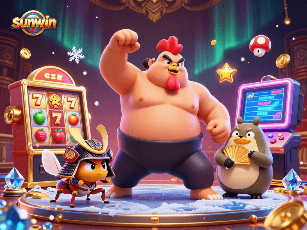 Experience sunwin's thrilling casino world with a vibrant 3D cartoon sumo-themed illustration.