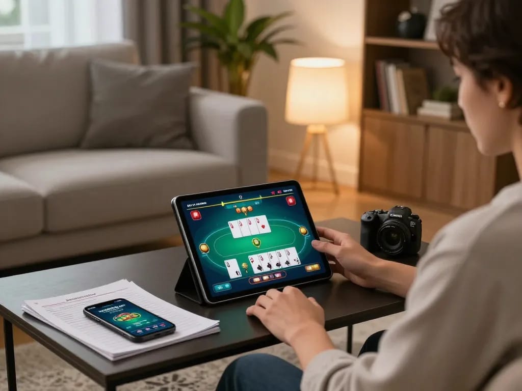 Engaging in online poker at https://cm888.mobi/ with strategy notes and a tablet in a cozy home setting.