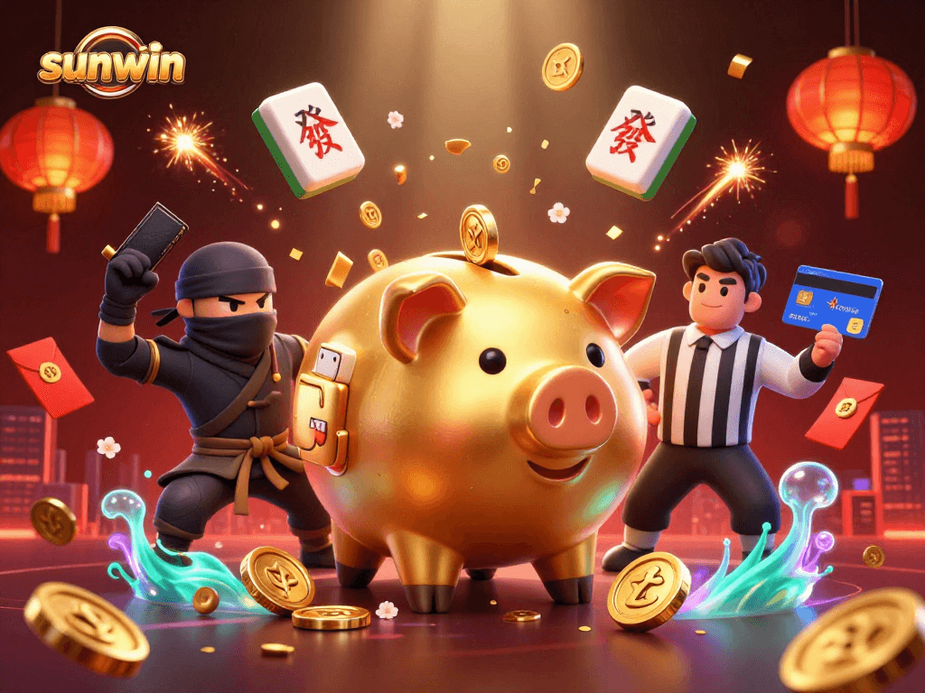 Win big with sunwin at a vibrant 3D casino scene featuring unique characters and festive elements.