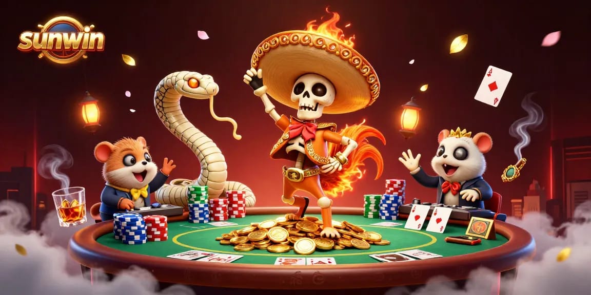 Join the fun at sunwin with a lively scene of a mariachi rooster and friends at a poker table.