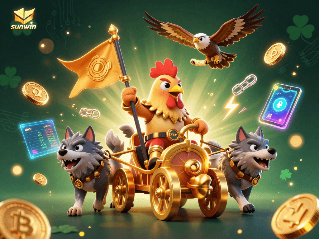 Play thrilling games at sunwin with dynamic characters and glowing cryptocurrency elements.