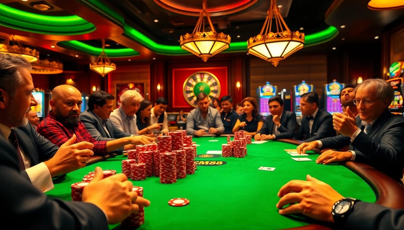 Experience the excitement of gambling with CM88 at a high-stakes poker table stacked with chips.