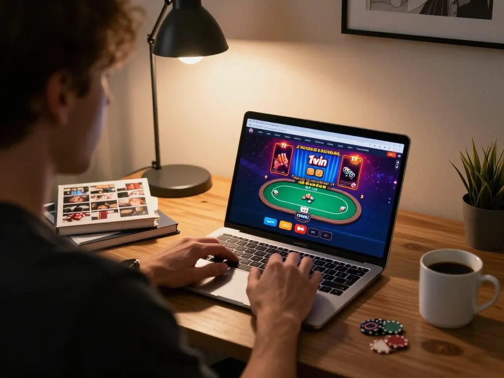 Engaging in live poker on 11win casino platform from a cozy home office.