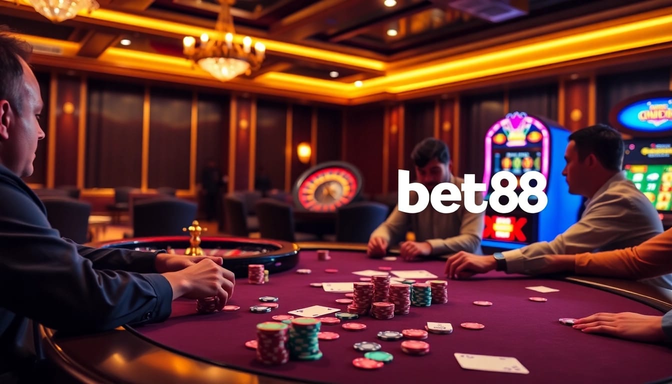 Experience the thrill of bet88 with intense poker action at a luxury casino table.