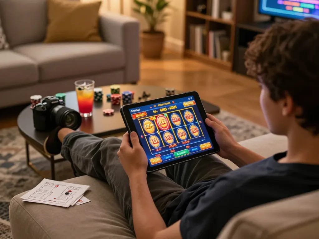 Engaging with ph33 via tablet in a cozy home gaming setup, showcasing online casino excitement and strategic play.