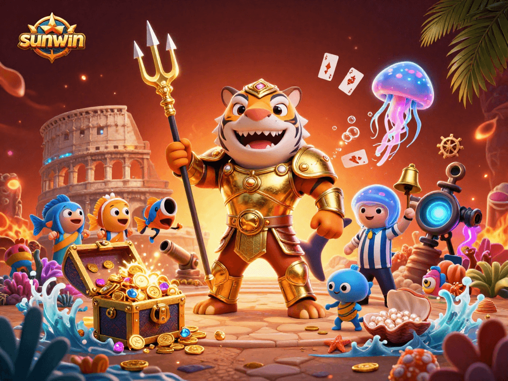 Engage with sunwin's underwater casino adventure led by a tiger shark in gladiator armor.