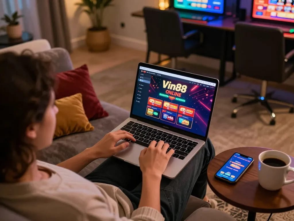 Engaging with the Vin88 online casino platform on a laptop in a cozy home setting, showcasing strategic gameplay.