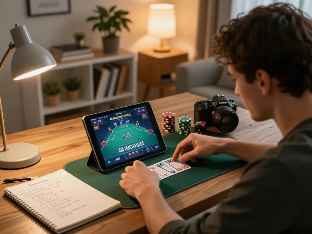 Player engaged in an online poker game at home, showcasing a tablet displaying RR 88 interface and strategy notes.