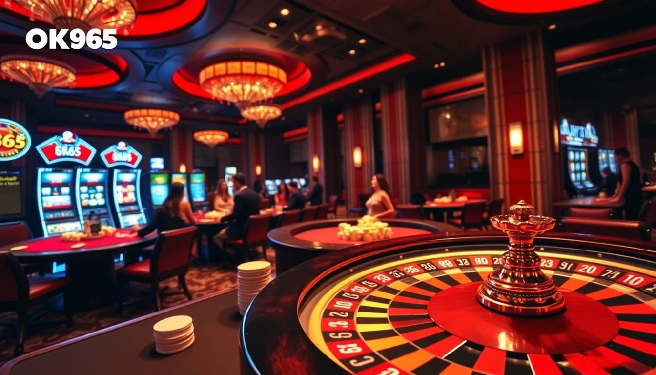 Players enjoying a thrilling game at OK365 casino, featuring vibrant slot machines and poker tables.
