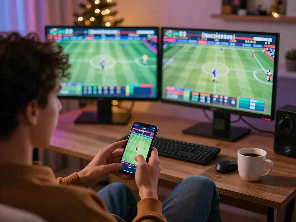Sports betting action at home with https://vu88.lol/ on smartphone screen and live games displayed in background