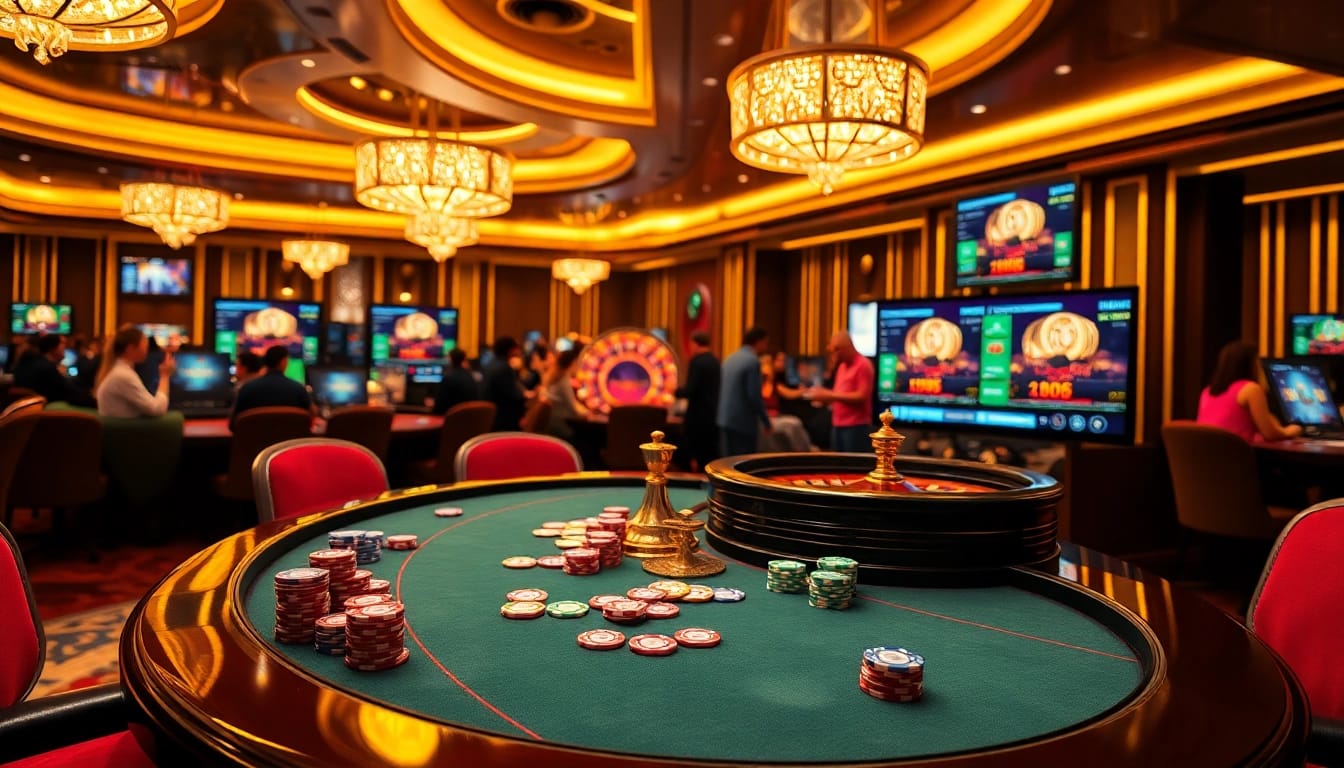 Players celebrating wins at mmoo casino with vibrant gaming tables and impressive roulette.
