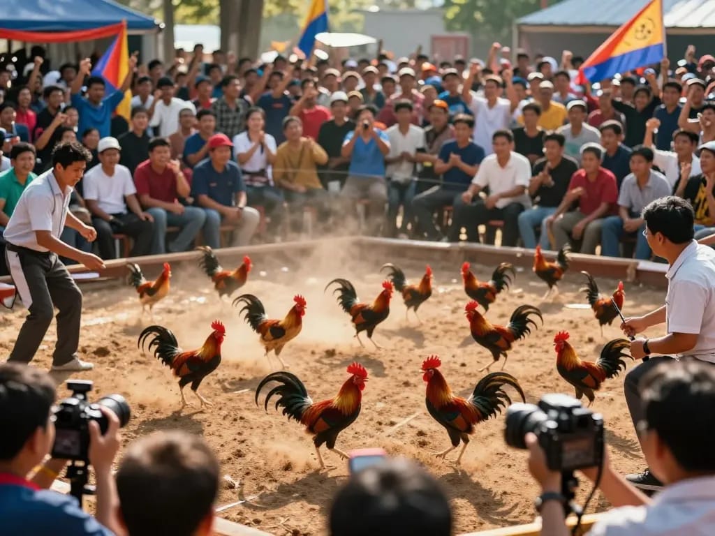 Watching đá gà trực tiếp with exciting rooster fights and cheering fans at large outdoor arena.