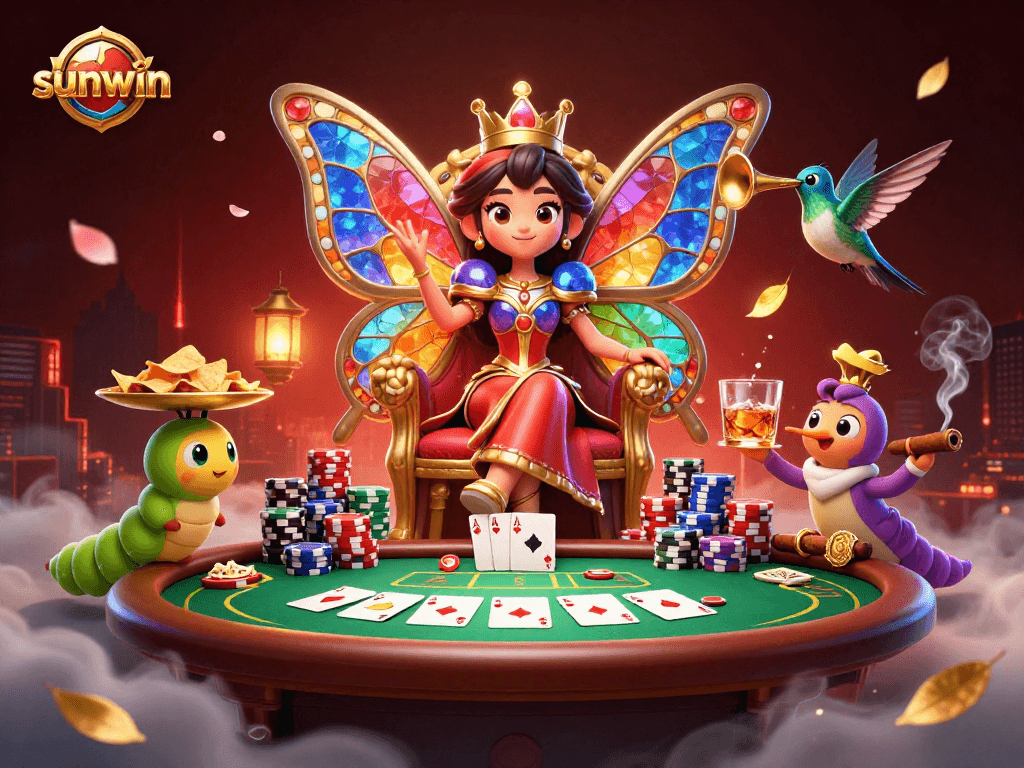 Experience the sunwin excitement with a colorful butterfly queen amid a lively poker scene.