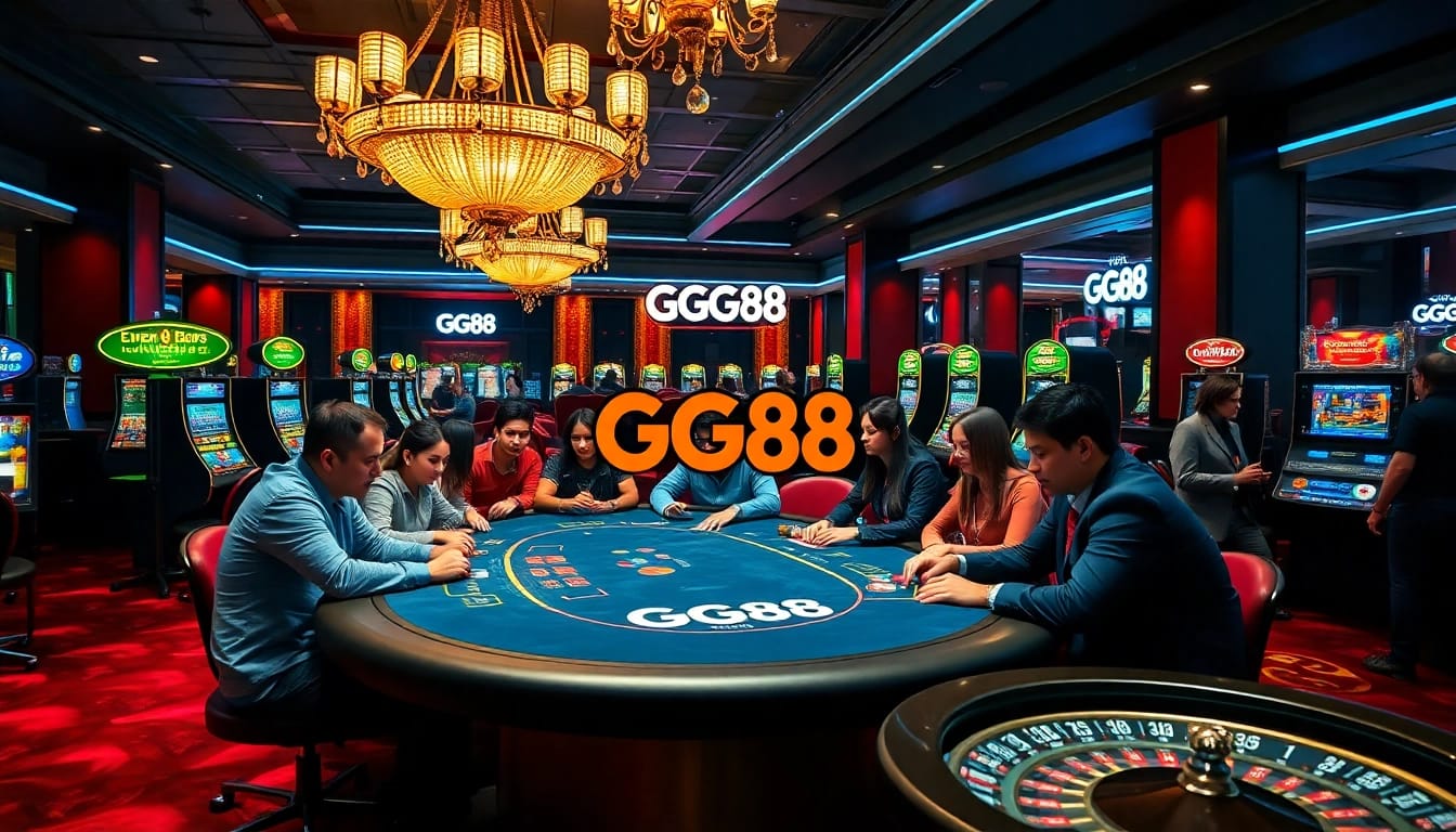 Players engaging at a high-stakes GG88 poker table in a luxury casino setting.