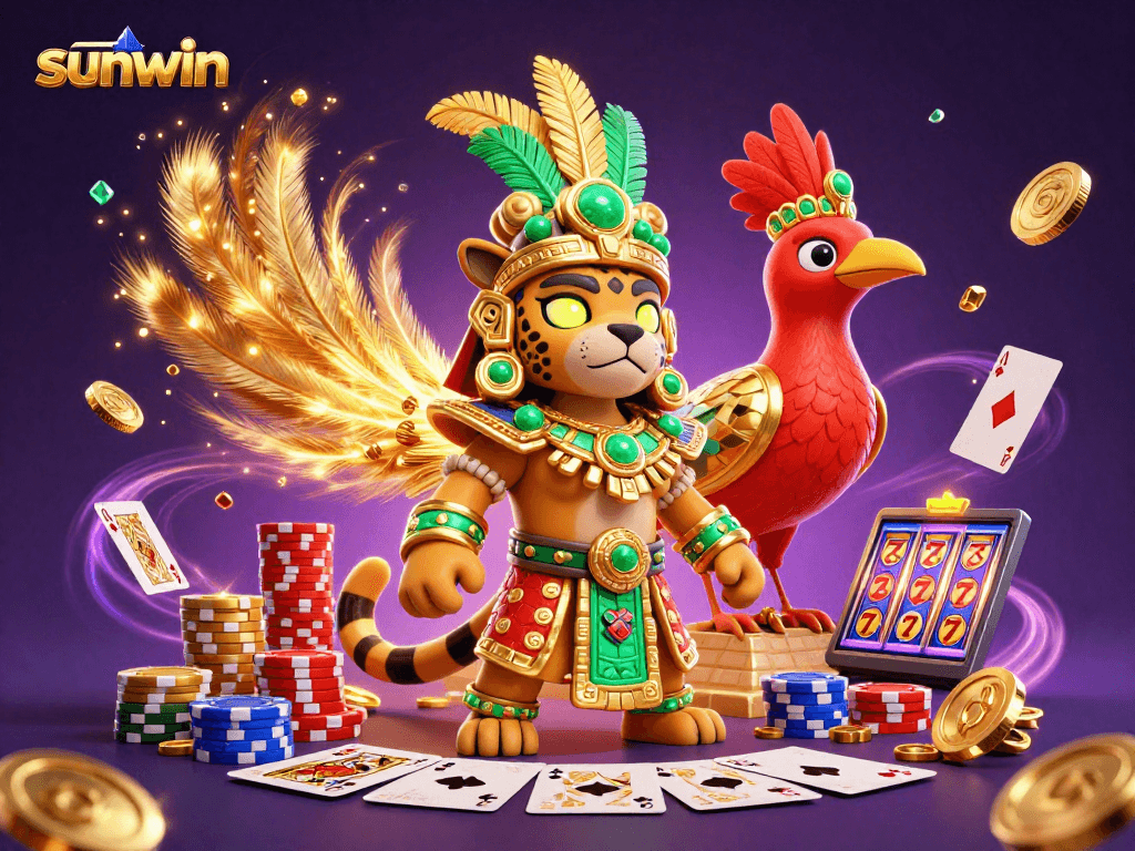 Experience the thrill of 'sunwin' with a vibrant 3D scene of a jaguar priest, roulette, and slots.