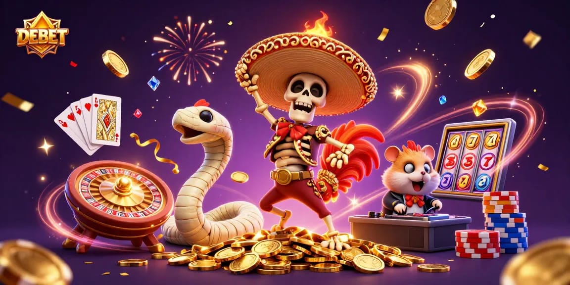 Engaging DEBET casino scene with festive characters celebrating on a pile of coins.
