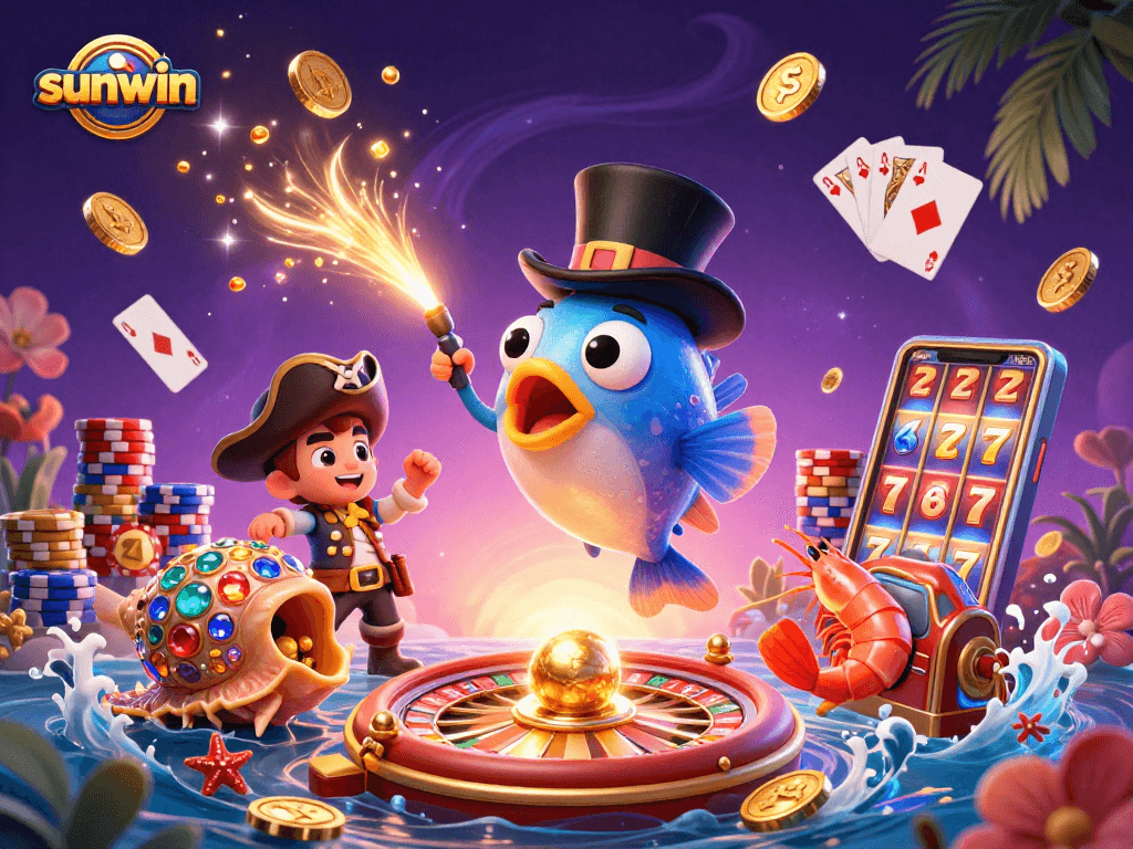 Win big with sunwin as a glowing anglerfish attracts gold coins at a vibrant casino scene.