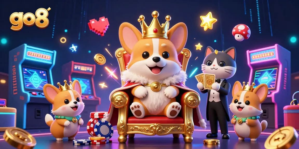 Experience thrilling gaming action at GO8 with a royal corgi and gaming elements.