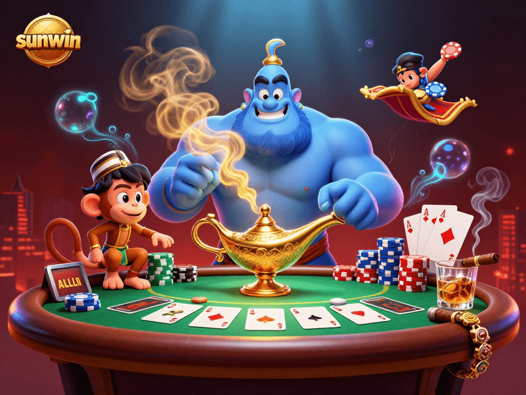 Experience exhilarating wins with sunwin's vibrant casino scene featuring poker action and a magic carpet.