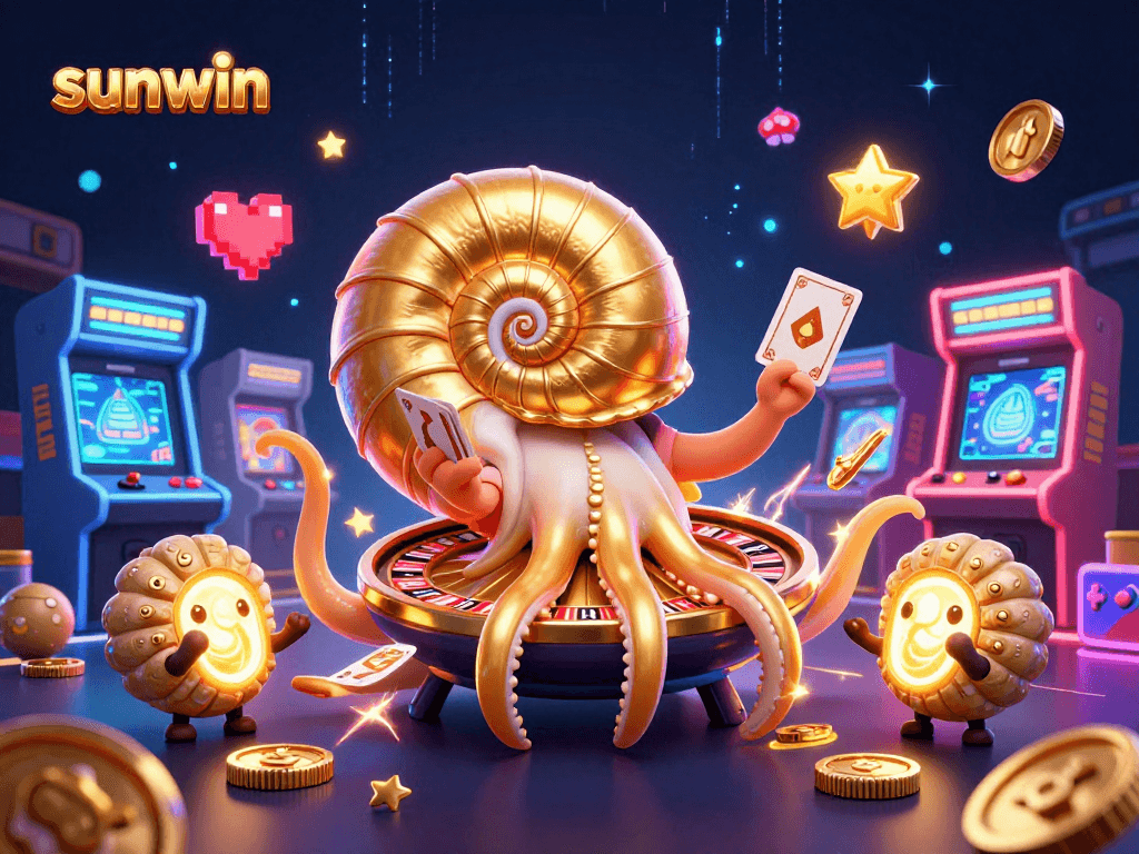 Engage with the sunwin casino illustration showcasing a giant nautilus as a roulette wheel amidst vibrant game elements.