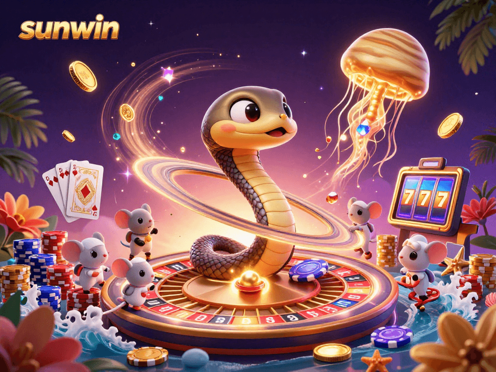 Play and win with sunwin, featuring a cosmic casino scene with a colorful roulette wheel and playful betting mice.