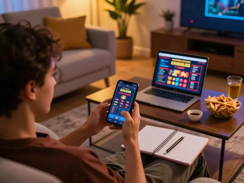Player engaging with sin88 casino app on smartphone in cozy home setting, showcasing responsible gaming.