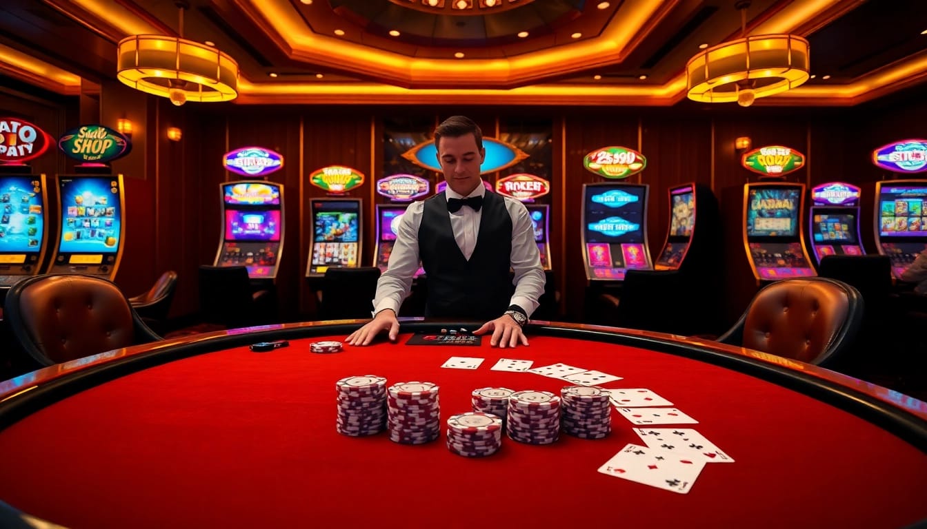 Experience the thrilling PS99 casino atmosphere with a luxurious poker table and vibrant slot machines.